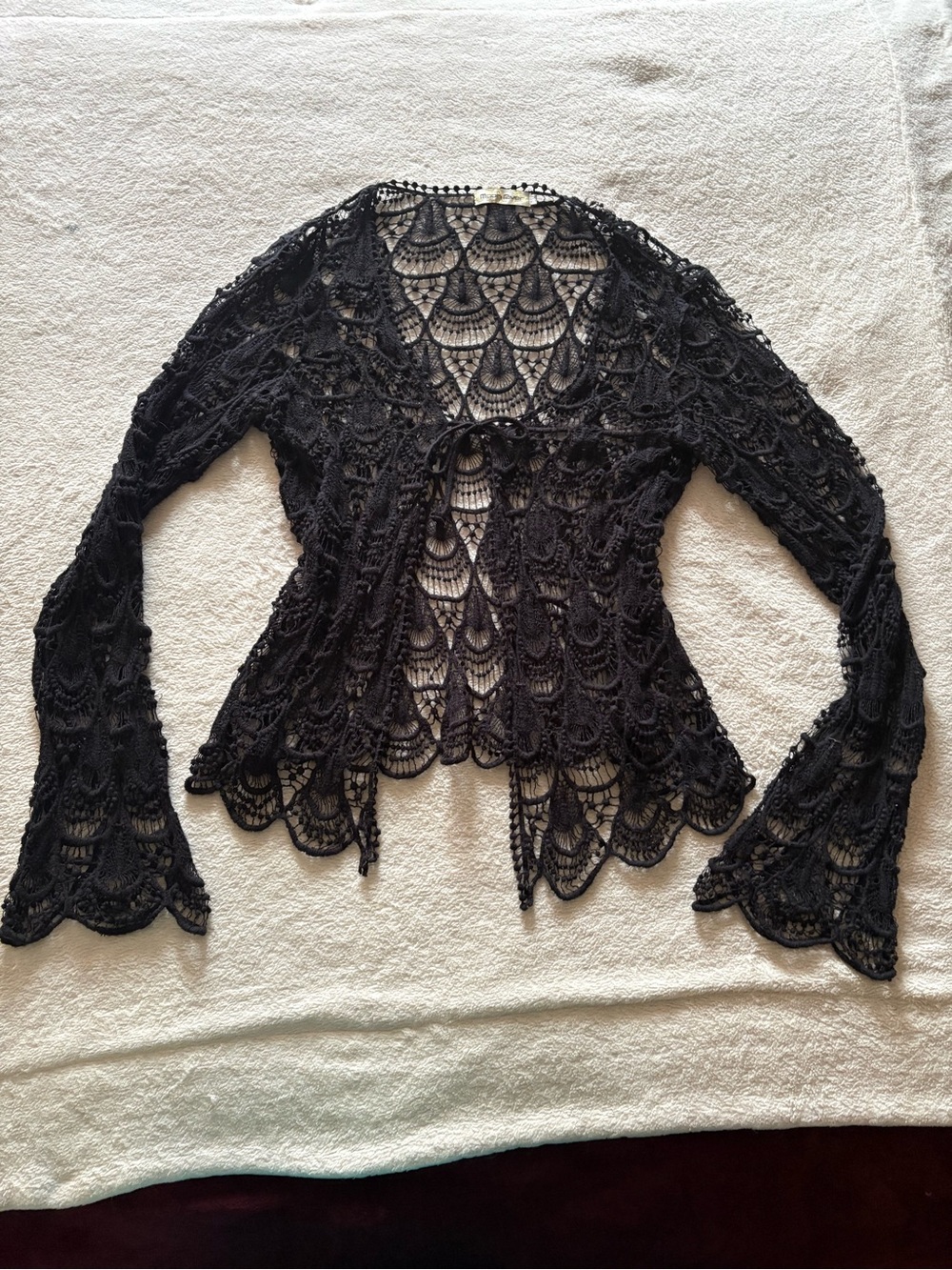 Vintage Whimsygoth Black Crochet Lace Tie-Front Cardigan